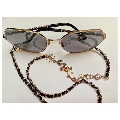 chanel inspired glasses chain|Chanel glasses with pearl chain.